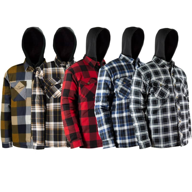 Quilted flannel shirt with hood and rustproof snaps.