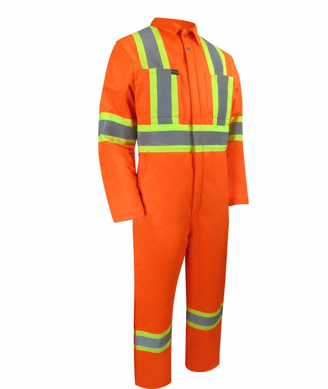 Orange insulated coverall with zipper on the legs.