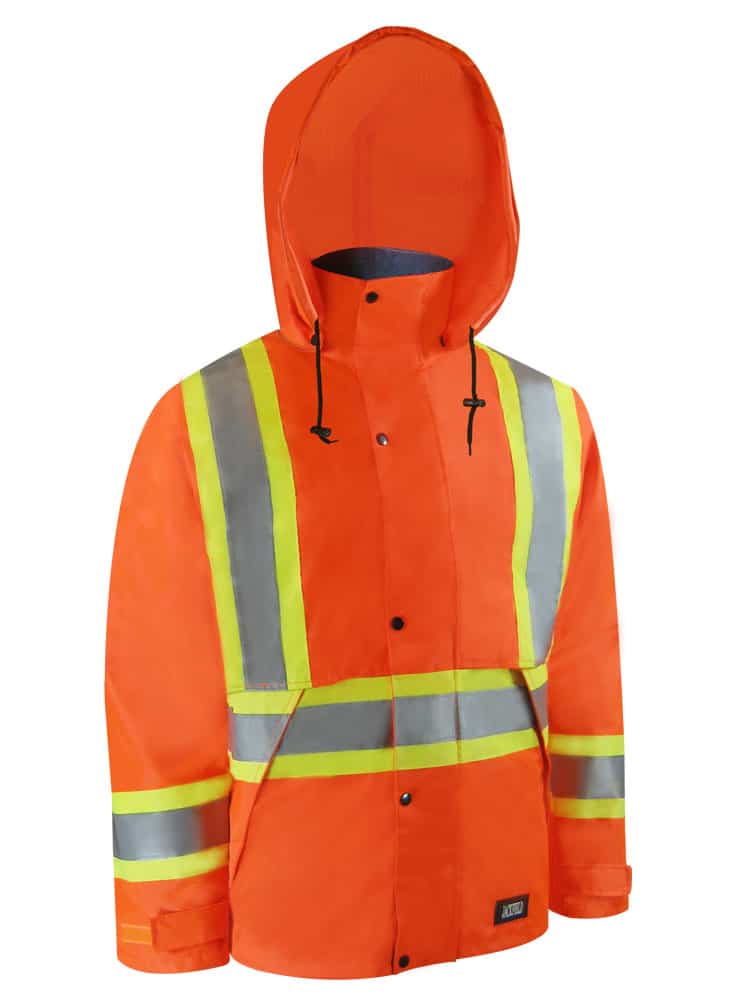High visibility nylon waterproof jacket with 3M reflective stripes.